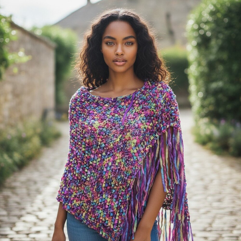 VINTAGE HANDMADE Ribbon Weave Woven Shawl Cocoon Poncho Top Ombre Purple Y2K - Picture 16 of 16